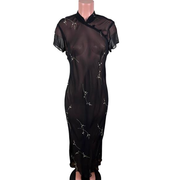 90s Y2K Sheer Black Dress with Asian Oriental details Mica 10 whimsigoth - Picture 1 of 11